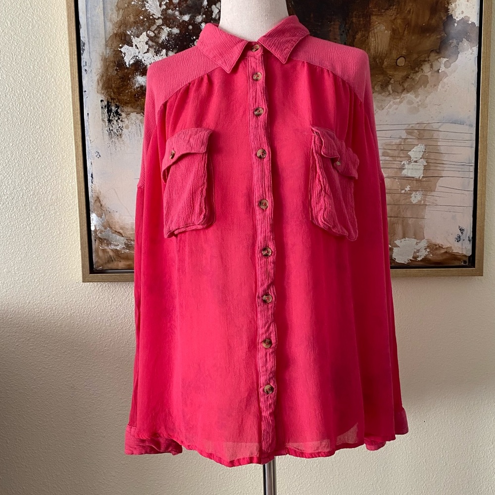 Free People pink tie dye long sleeve button down shirt size Medium ~